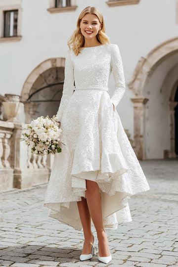 Ivory A-Line Jacquard High-Low Wedding Dress With Long Sleeves